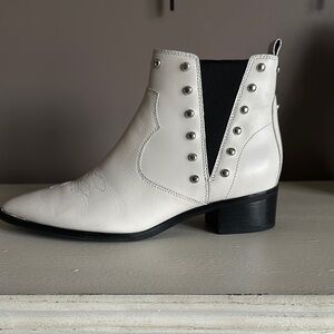 Marc Fisher White Yente Chelsea Boot Western, Stud Accents, Scalloped Stitching